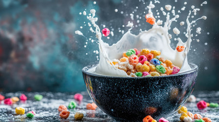 Dynamic splash of milk and colorful cereal flakes in a bowl, set on a smoky grey background. Perfect for creative food templates. Copy text space.の素材