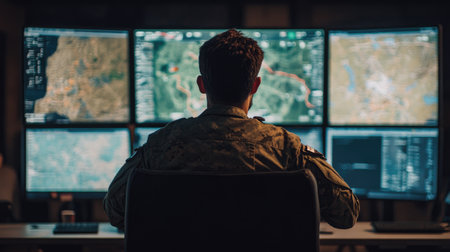 Modern war room with a soldier analyzing tactical maps and data on multiple screens, preparing for operations.の素材