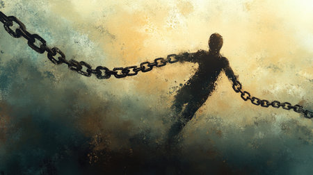 Man breaking free from heavy chains, representing the metaphor of liberation, strength, and the will to overcome.の素材