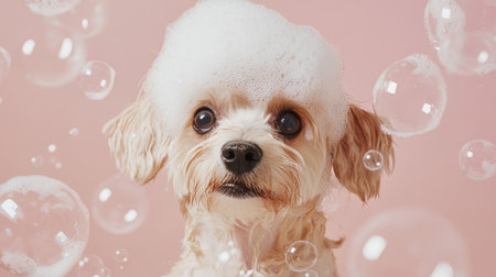 Dog with a head full of soap, surrounded by floating bubbles on a pastel background, creating a whimsical pet care image.の素材