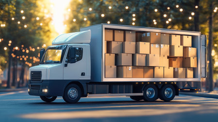 Fully loaded delivery truck with packages, highlighting the power of modern logistics in maximizing delivery potential.の素材