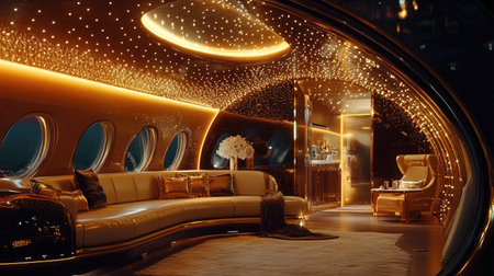 Golden jet showcased in a richly decorated interior, glowing under the lights during a stunning nighttime displayの素材