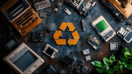 Recycle electronics concept with various devices prepared for sustainable disposal, emphasizing environmental protection.の素材