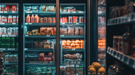 Supermarket refrigerator packed with chilled products, showcasing cold, fresh, and ready-to-buy items in an organized displayの素材