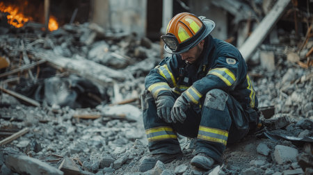 Sad and exhausted, a fireman sits on the rubble of a collapsed building, symbolizing the human side of heroism.の素材