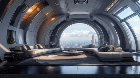Spacious penthouse living room with a large round window and futuristic decor, perfect for an upscale Zoom background.の素材