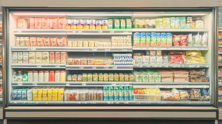 Supermarket refrigerator front view, fully stocked with dairy, beverages, and fresh goods, epitomizing cold and ready freshness.の素材