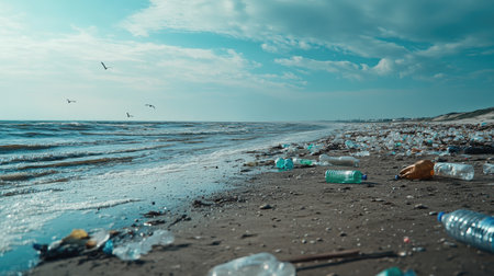 Ocean beach polluted with plastic bottles and debris, stressing the environmental consequences of waste and the need for action.の素材
