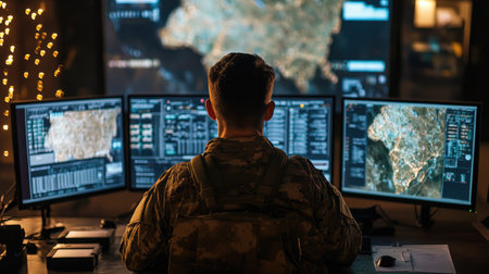 Modern war room with a soldier analyzing tactical maps and data on multiple screens, preparing for operations.の素材