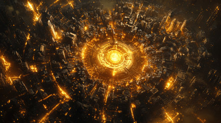 The golden glow of a city seen from above, with a circular layout and intricate details, highlighting the center as the brightest point in the urban design.の素材