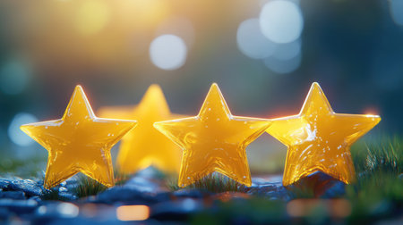A 3D display of five perfectly glossy yellow stars, capturing the essence of premium quality and impeccable standards.の素材