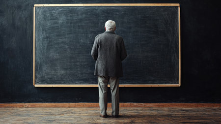 The wise old teacher standing before a blank blackboard, ready to engage and educate, representing the legacy of knowledge.の素材