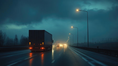 A cargo truck on a bustling highway, illuminated by streetlights, driving into the distance on a cloudy nightの素材