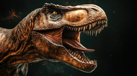 Tyrannosaurus rex with open jaws, highlighting its formidable power and dominance as a prehistoric predatorの素材