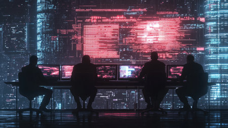 A clandestine group of hackers huddled around glowing screens, planning their next cyber attack in the dark.の素材