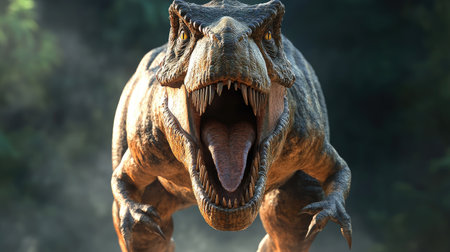 Tyrannosaurus rex with open jaws, highlighting its formidable power and dominance as a prehistoric predatorの素材