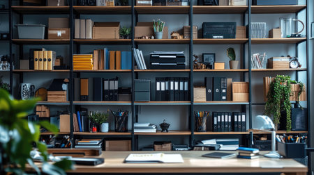Wall of shelves filled with well-organized office essentials, demonstrating efficient storage and professional organization.の素材