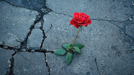 A delicate red rose emerges from the cracks in a city sidewalk, its vibrant color contrasting with the harsh urban environment.の素材