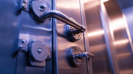 A close-up of a high-security bank vault door, showcasing its robust design and heavy-duty locks.の素材