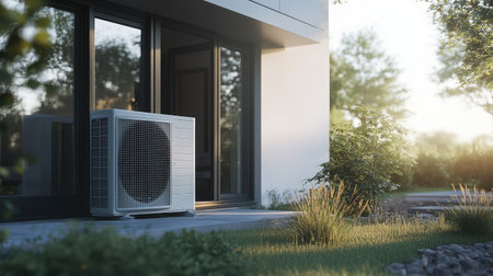A close-up of an air conditioner heat pump compressor beside a modern home, highlighting sustainable and efficient climate control.の素材