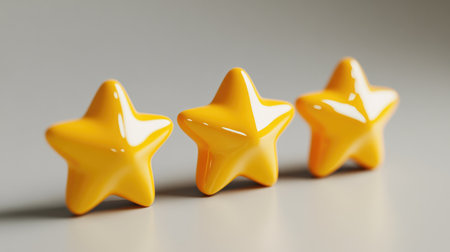 A 3D display of five perfectly glossy yellow stars, capturing the essence of premium quality and impeccable standards.の素材