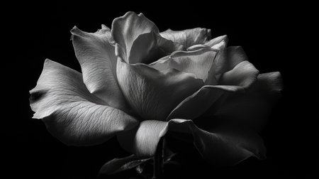 A dramatic black and white photograph of a rose, with the contrast emphasizing its form and texture.の素材