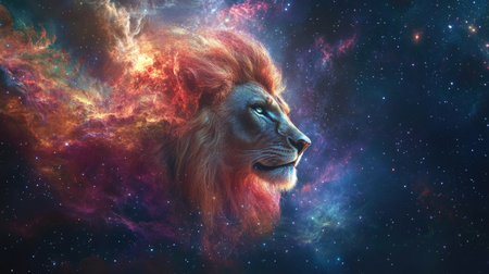 A majestic depiction of the Leo zodiac sign set against a backdrop of vibrant nebulas and distant stars in the cosmos.の素材