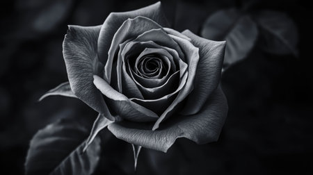 A dramatic black and white photograph of a rose, with the contrast emphasizing its form and texture.の素材