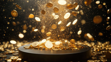 A podium bursting with an explosion of gold coins, highlighting the rewards of success in a dynamic and energetic display.の素材