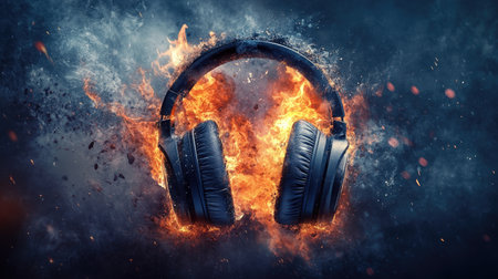 A pair of gaming headphones is seen mid-explosion, with fire and smoke pouring out as the device breaks apartの素材