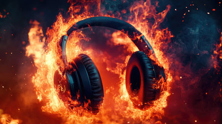 A pair of gaming headphones explode in a burst of fire and smoke, the device consumed by flames, representing extreme tech failure.の素材