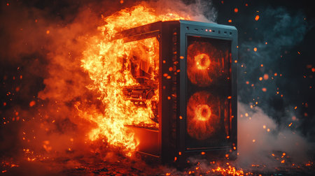 A gaming PC is mid-explosion, with fire and smoke pouring out of the case, representing a severe tech disaster.の素材