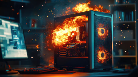A gaming PC is mid-explosion, with fire and smoke pouring out of the case, representing a severe tech disaster.の素材