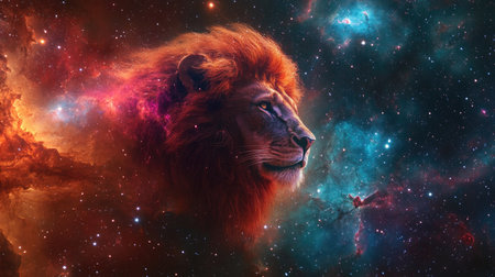 A majestic depiction of the Leo zodiac sign set against a backdrop of vibrant nebulas and distant stars in the cosmos.の素材