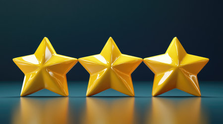 A gleaming 3D rendering of five glossy yellow stars, representing perfect quality and exceptional performance in ratings.の素材