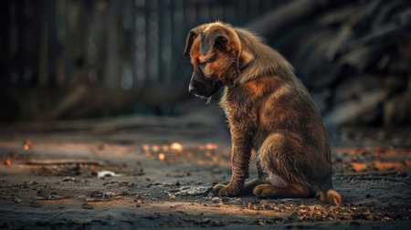 A mournful pup sits alone, ears drooping and tail tucked in sadness.の素材