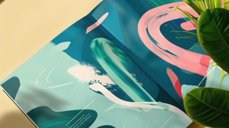 Infuse your marketing with peaceful allure: Front-view brochure design showcases Pantone green backdrop and soothing abstract patternの素材