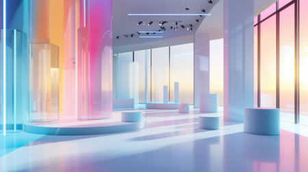 Versatile exhibition background rendered in 3D, providing a modern and professional platform for showcasing products.の素材