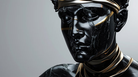 Journey through time: Surreal 3D rendering of a Greek statue sculpted in black marble, adorned with captivating gold accents, a modern marvel in digital artの素材
