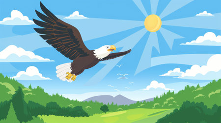 Happy cartoon eagle flying above a green landscape, with the sun shining brightly and clouds scattered in the skyの素材