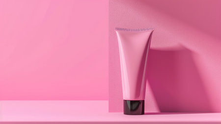 Experience elegance: Pink cosmetic tube with black cap on pink background, a refined packaging mockup for your branding needsの素材