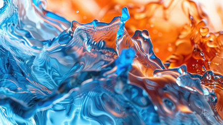 Experience the allure of color harmony: 3D digital art showcases the seamless merger of blue and orange liquids, evoking wonder."の素材