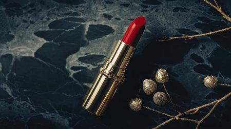 Experience opulence: Open red lipstick with a golden case on a refined black background, embodying timeless elegance."の素材