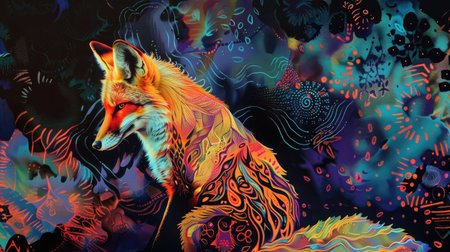 Fox silhouette blending into surreal, colorful patterns, forming an abstract and imaginative visual masterpieceの素材