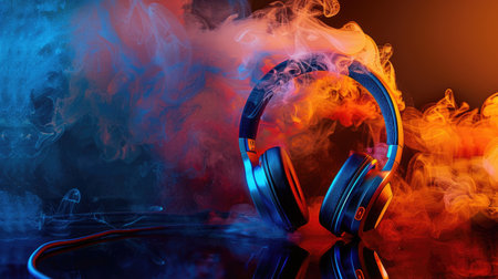 Revolutionize your listening experience: Premium headphones on a vivid, abstract stageの素材