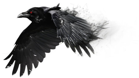 Black crow mid-flight, red eyes glowing intensely, captured against a pristine white backgroundの素材