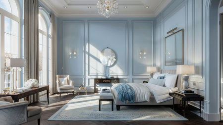 Elevate your retreat: Serene light blue master bedroom with intricate moldings, gleaming hardwood, and elegantの素材