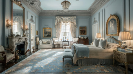 Luxury in every detail: Serene light blue master bedroom featuring floor-to-ceiling wainscoting, crown moldings, and elegantの素材