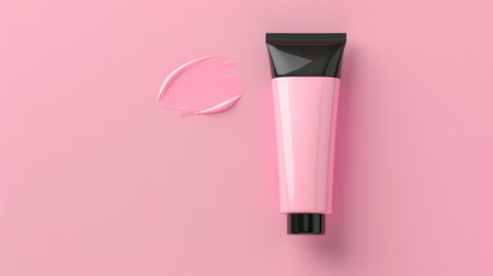 Capture simplicity: Minimalist pink cosmetic tube with black cap on pink background, a versatile packaging mockup for your creativityの素材