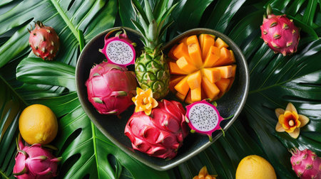 Exotic fruits in a heart-shaped bowl, with dragon fruit, starfruit, and lychee, set against a tropical leaf background.の素材